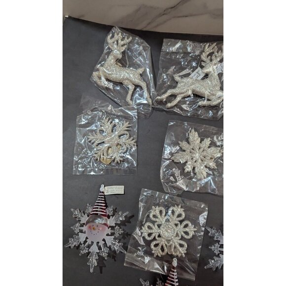 Glittery Christmas Ornaments Lot Snowflakes Reindeer Snowman Decor Silver & Red - Picture 3 of 6